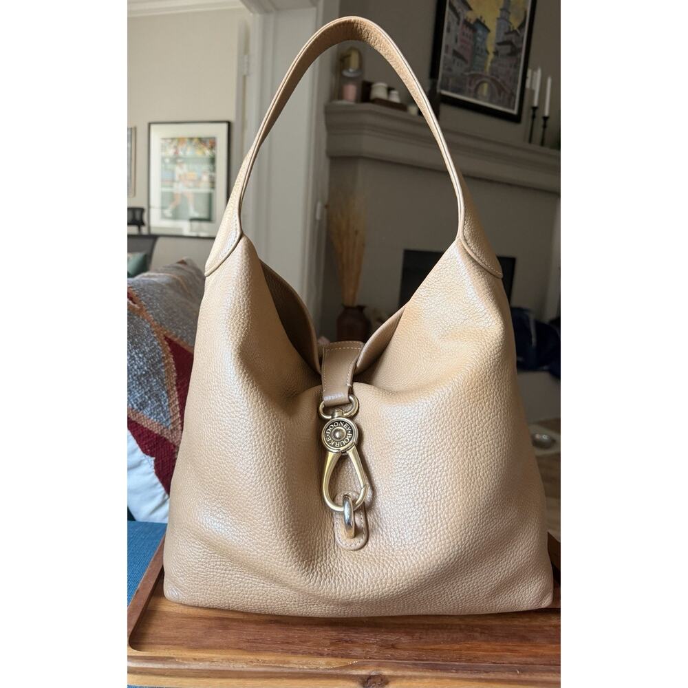 Dooney & Bourke Caramel Pebbled Leather Gold Logo Lock Shoulder Bag BELVEDERE